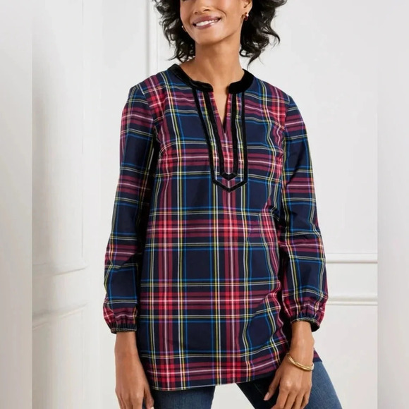 TALBOTS Petite Women’s Split-Neck Tunic Blouse Top Red Cabin Plaid Velvet - Picture 11 of 14